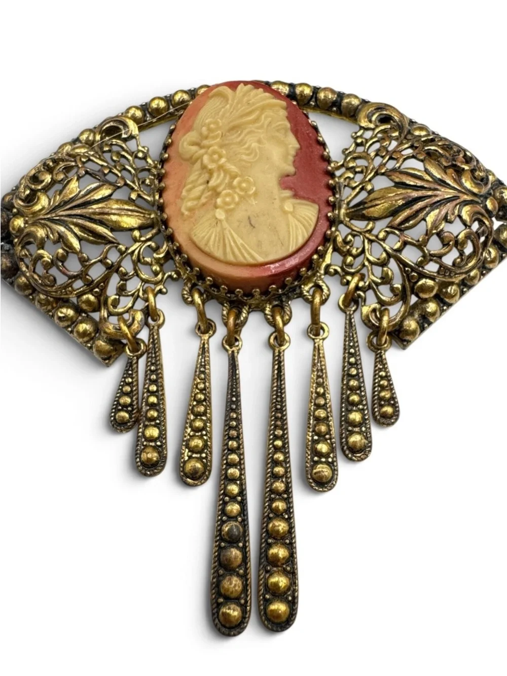 Vintage 1920s 30s Czecho Molded Glass Cameo Brass Dangle Brooch Pin
